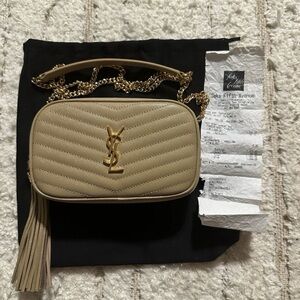 Saint Laurent Womens Grain De Poudre Matelasse Mini Lou Camera Bag Beige